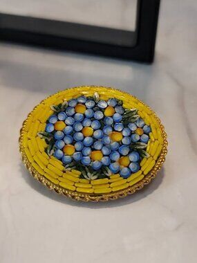 Vintage Micro Mosaic Glass Yellows Blues Brooch, Italy